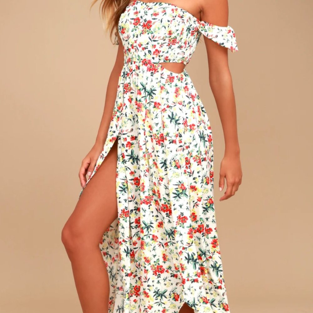 Lulu's Lush Easy on the Eyes Cream Floral Off-the-Shoulder Maxi Dress - Small